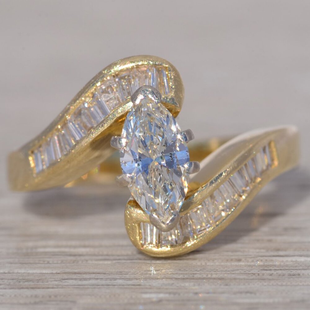 Marquise Natural Diamond Bypass Ring in Yellow Gold